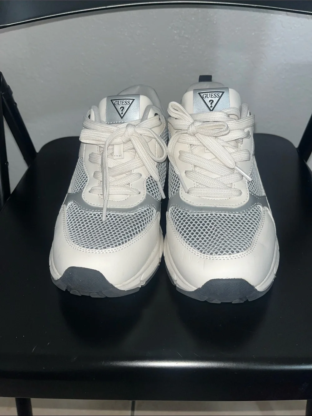 GUESS White and Silver Women's Chunky Lace-Up Sneakers - Picture 2 of 6